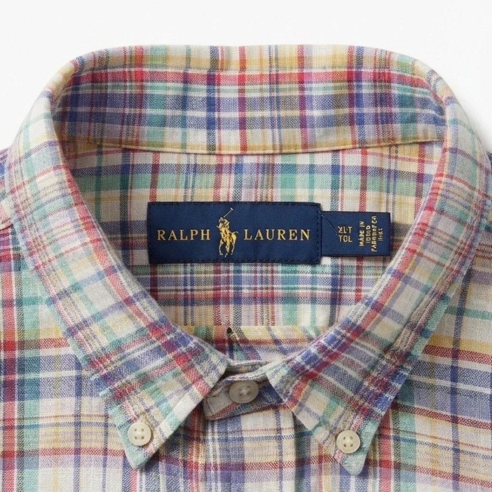 Polo Ralph Lauren Mens XLT Multi Color Plaid 100% Linen Cotton Button Down Shirt